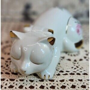 Vintage Porcelain Sleeping Cat Figurine Pink Rose Pattern w/ Gold Detailing